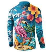 Hawaiian Flamingo Hibiscus Personalised Button Sweatshirt Blue Summer Tropical Flowers - Polynesian Pride