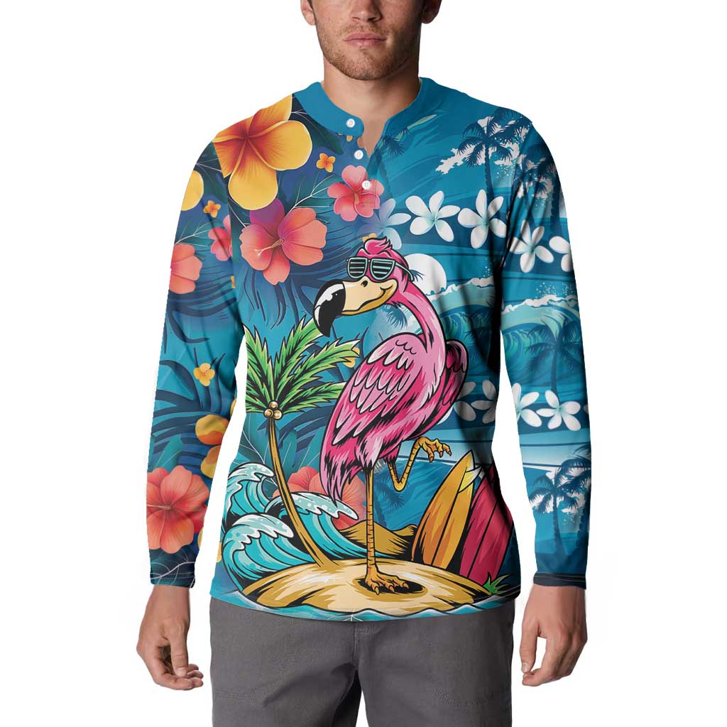 Hawaiian Flamingo Hibiscus Personalised Button Sweatshirt Blue Summer Tropical Flowers - Polynesian Pride