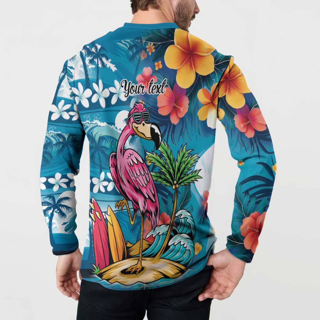 Hawaiian Flamingo Hibiscus Personalised Button Sweatshirt Blue Summer Tropical Flowers - Polynesian Pride