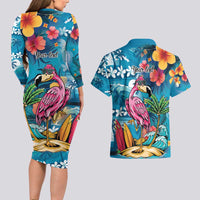 Hawaiian Flamingo Hibiscus Personalised Couples Matching Long Sleeve Bodycon Dress and Hawaiian Shirt Blue Summer Tropical Flowers - Polynesian Pride