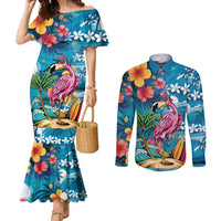 Hawaiian Flamingo Hibiscus Personalised Couples Matching Mermaid Dress and Long Sleeve Button Shirt Blue Summer Tropical Flowers - Polynesian Pride