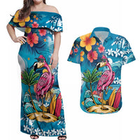 Hawaiian Flamingo Hibiscus Personalised Couples Matching Off Shoulder Maxi Dress and Hawaiian Shirt Blue Summer Tropical Flowers - Polynesian Pride