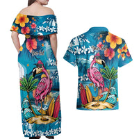Hawaiian Flamingo Hibiscus Personalised Couples Matching Off Shoulder Maxi Dress and Hawaiian Shirt Blue Summer Tropical Flowers - Polynesian Pride