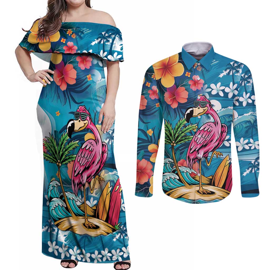 Hawaiian Flamingo Hibiscus Personalised Couples Matching Off Shoulder Maxi Dress and Long Sleeve Button Shirt Blue Summer Tropical Flowers - Polynesian Pride