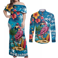 Hawaiian Flamingo Hibiscus Personalised Couples Matching Off Shoulder Maxi Dress and Long Sleeve Button Shirt Blue Summer Tropical Flowers - Polynesian Pride