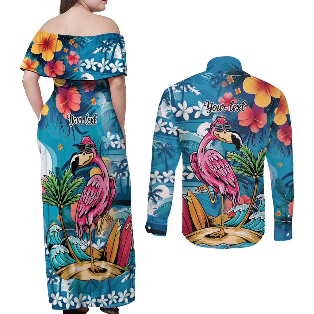 Hawaiian Flamingo Hibiscus Personalised Couples Matching Off Shoulder Maxi Dress and Long Sleeve Button Shirt Blue Summer Tropical Flowers - Polynesian Pride
