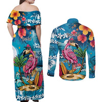 Hawaiian Flamingo Hibiscus Personalised Couples Matching Off Shoulder Maxi Dress and Long Sleeve Button Shirt Blue Summer Tropical Flowers - Polynesian Pride
