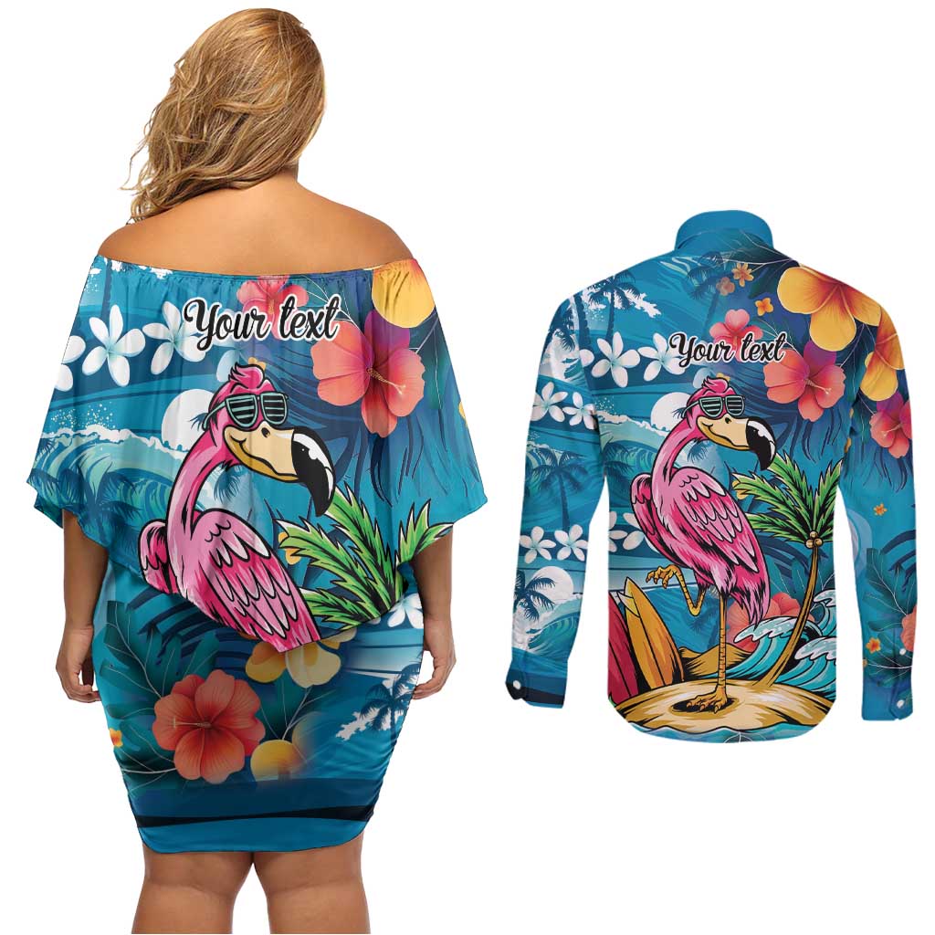 Hawaiian Flamingo Hibiscus Personalised Couples Matching Off Shoulder Short Dress and Long Sleeve Button Shirt Blue Summer Tropical Flowers - Polynesian Pride