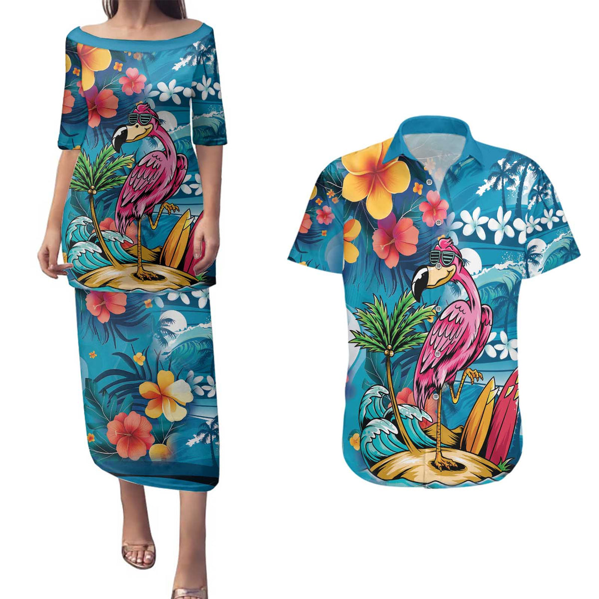 Hawaiian Flamingo Hibiscus Personalised Couples Matching Puletasi and Hawaiian Shirt Blue Summer Tropical Flowers - Polynesian Pride