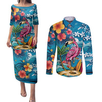 Hawaiian Flamingo Hibiscus Personalised Couples Matching Puletasi and Long Sleeve Button Shirt Blue Summer Tropical Flowers - Polynesian Pride