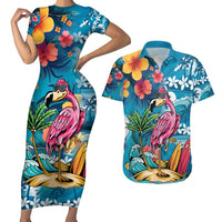 Hawaiian Flamingo Hibiscus Personalised Couples Matching Short Sleeve Bodycon Dress and Hawaiian Shirt Blue Summer Tropical Flowers - Polynesian Pride