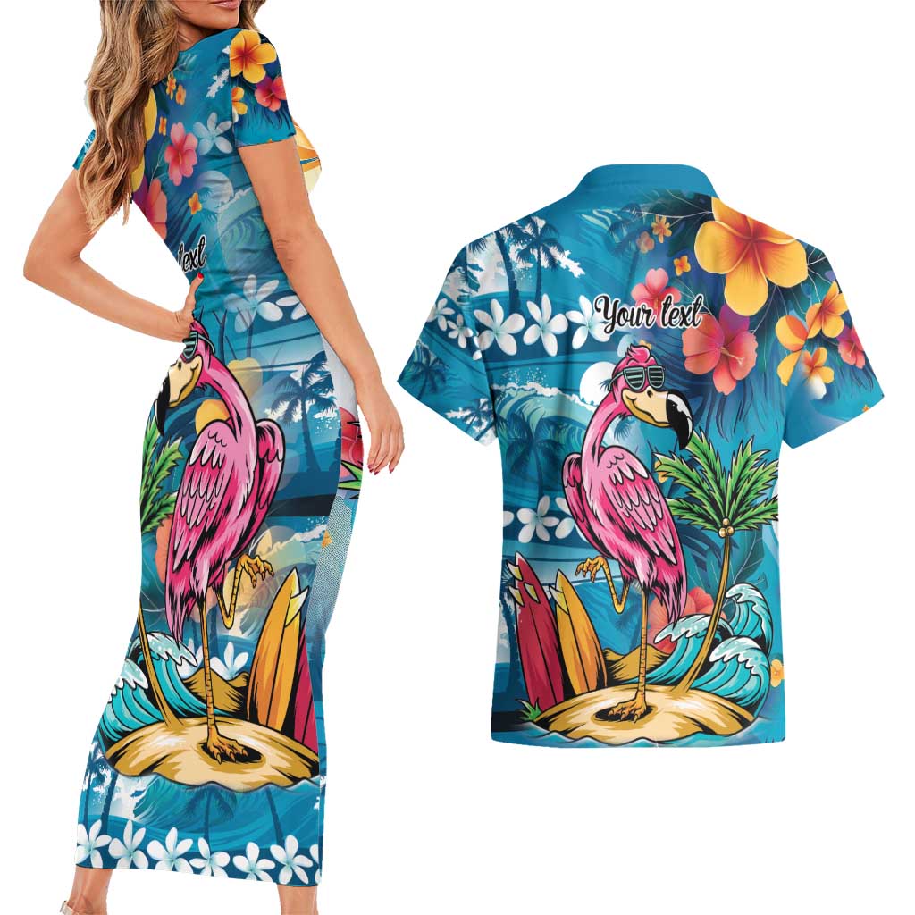 Hawaiian Flamingo Hibiscus Personalised Couples Matching Short Sleeve Bodycon Dress and Hawaiian Shirt Blue Summer Tropical Flowers - Polynesian Pride