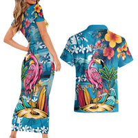 Hawaiian Flamingo Hibiscus Personalised Couples Matching Short Sleeve Bodycon Dress and Hawaiian Shirt Blue Summer Tropical Flowers - Polynesian Pride