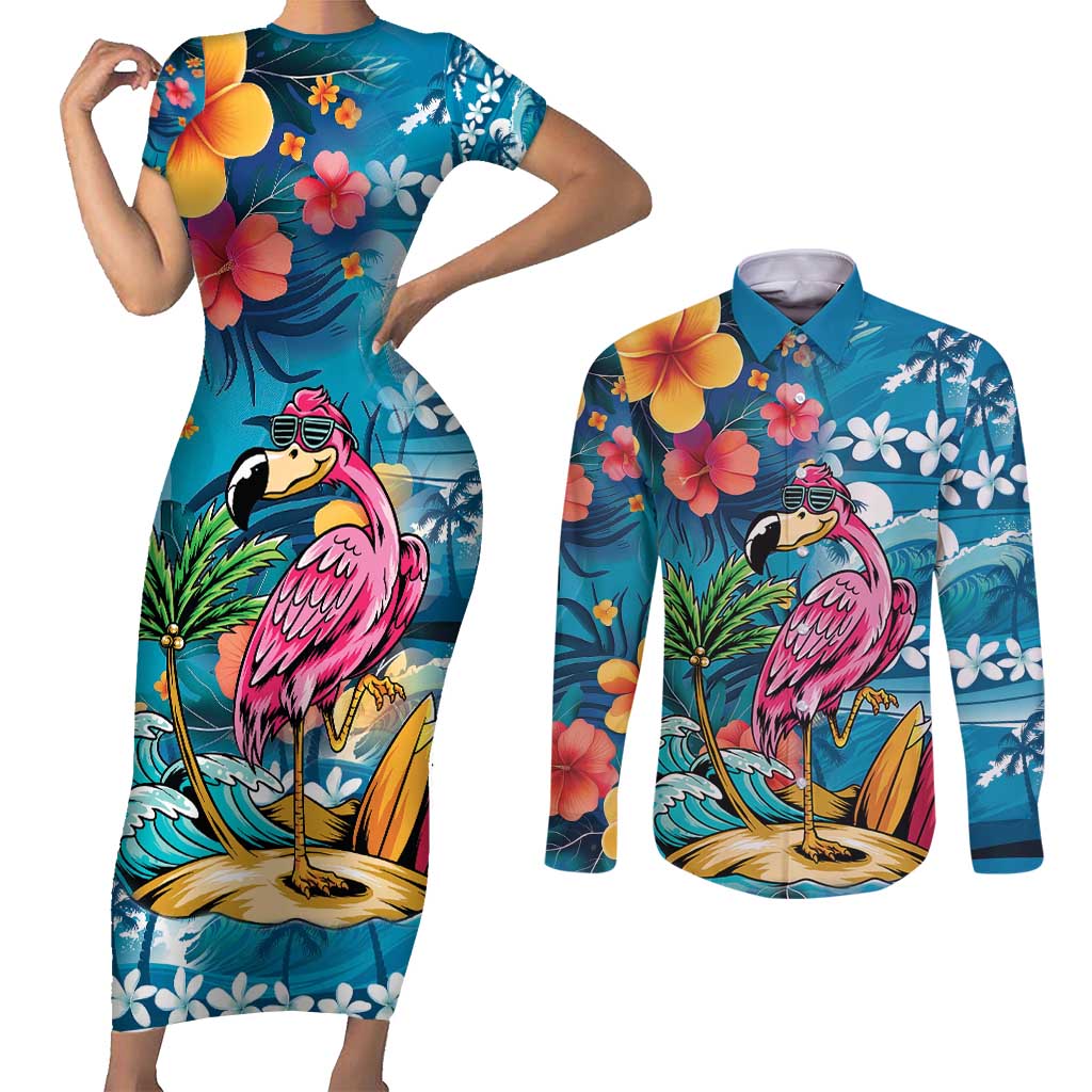 Hawaiian Flamingo Hibiscus Personalised Couples Matching Short Sleeve Bodycon Dress and Long Sleeve Button Shirt Blue Summer Tropical Flowers - Polynesian Pride