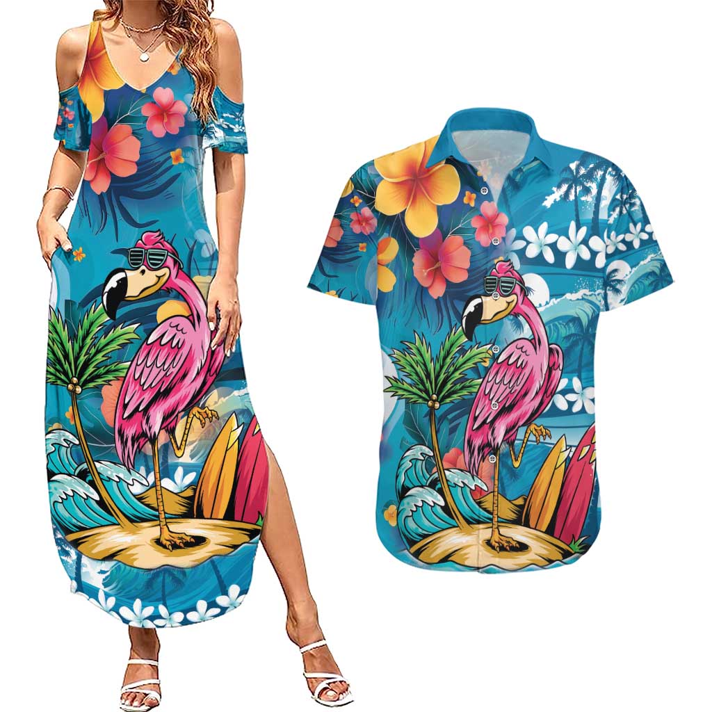 Hawaiian Flamingo Hibiscus Personalised Couples Matching Summer Maxi Dress and Hawaiian Shirt Blue Summer Tropical Flowers - Polynesian Pride