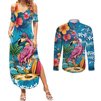 Hawaiian Flamingo Hibiscus Personalised Couples Matching Summer Maxi Dress and Long Sleeve Button Shirt Blue Summer Tropical Flowers - Polynesian Pride