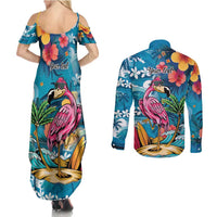 Hawaiian Flamingo Hibiscus Personalised Couples Matching Summer Maxi Dress and Long Sleeve Button Shirt Blue Summer Tropical Flowers - Polynesian Pride
