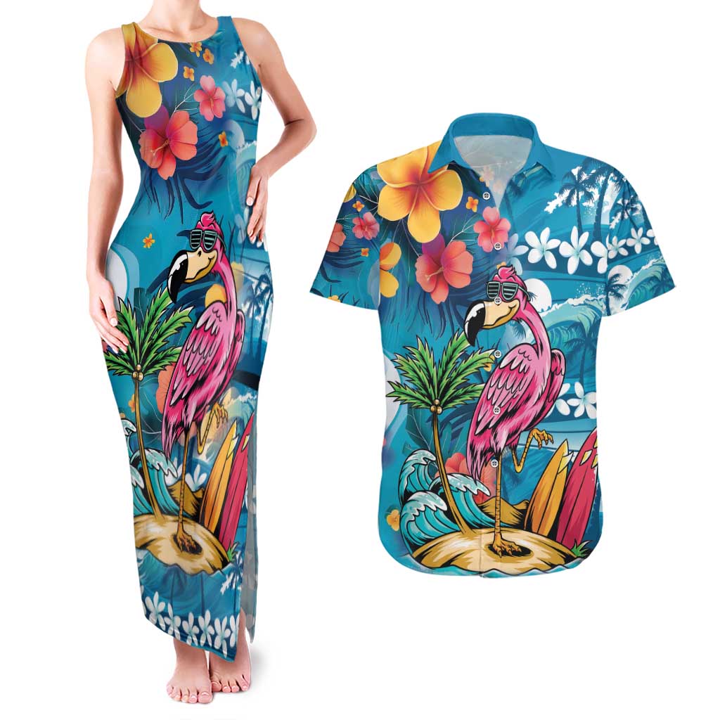 Hawaiian Flamingo Hibiscus Personalised Couples Matching Tank Maxi Dress and Hawaiian Shirt Blue Summer Tropical Flowers - Polynesian Pride