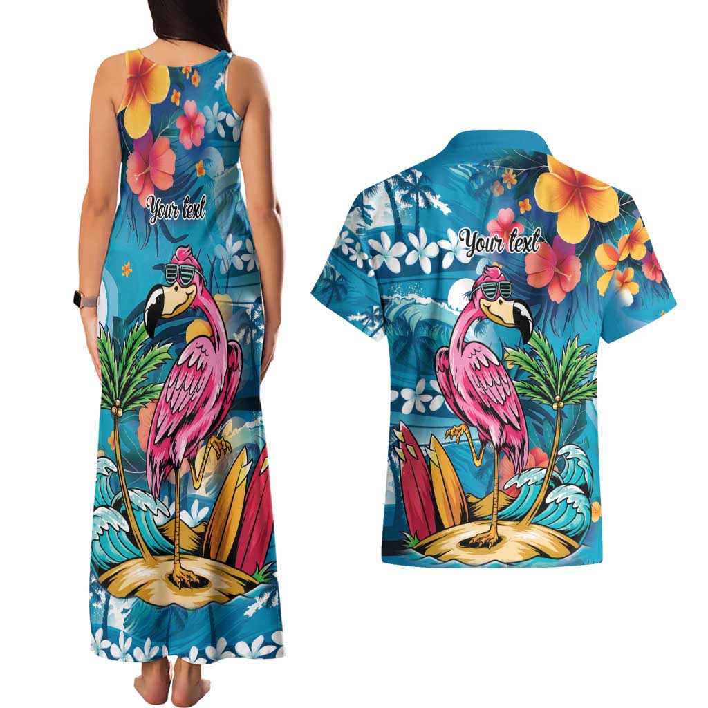 Hawaiian Flamingo Hibiscus Personalised Couples Matching Tank Maxi Dress and Hawaiian Shirt Blue Summer Tropical Flowers - Polynesian Pride