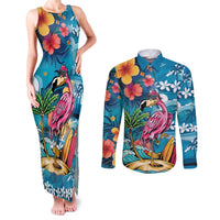 Hawaiian Flamingo Hibiscus Personalised Couples Matching Tank Maxi Dress and Long Sleeve Button Shirt Blue Summer Tropical Flowers - Polynesian Pride