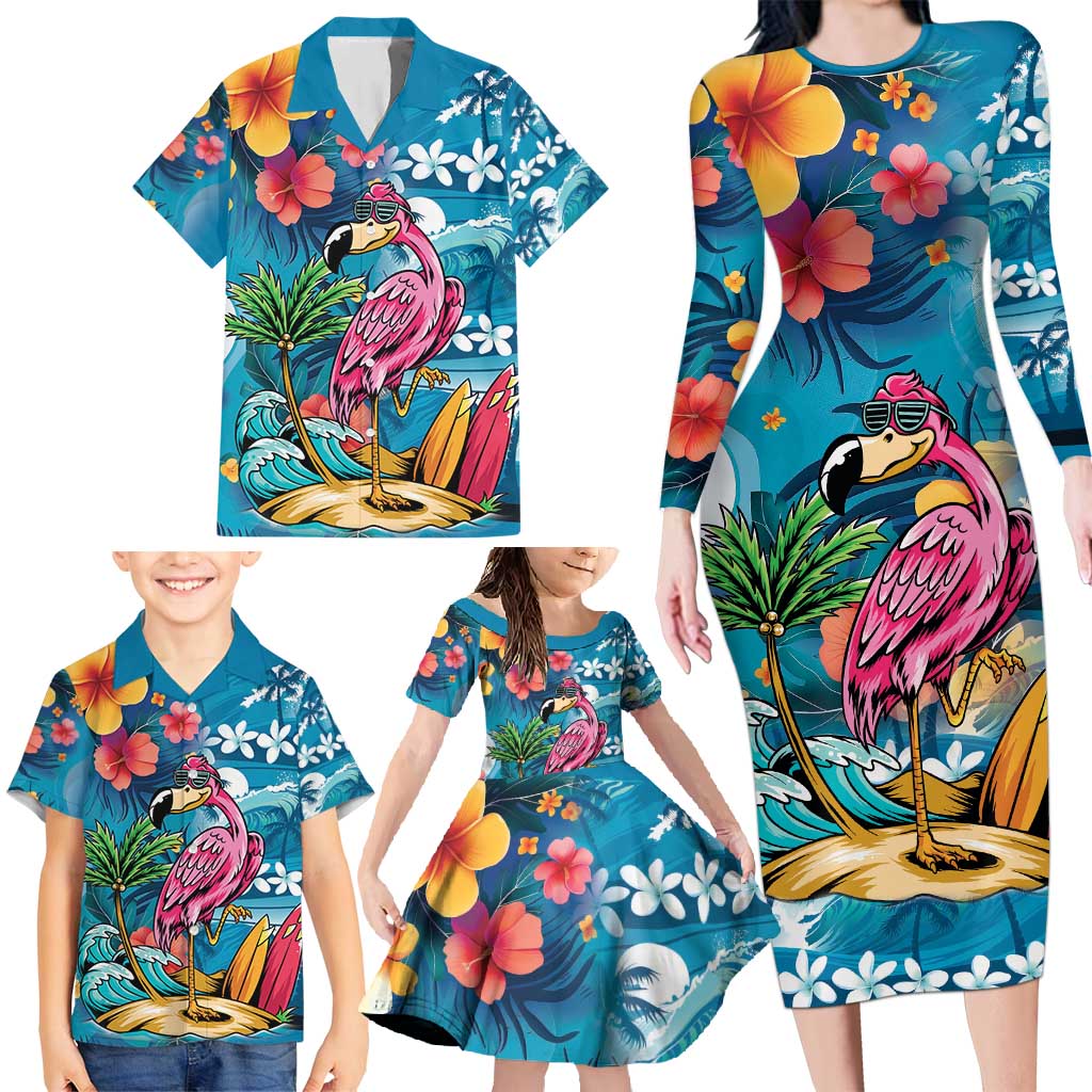 Hawaiian Flamingo Hibiscus Personalised Family Matching Long Sleeve Bodycon Dress and Hawaiian Shirt Blue Summer Tropical Flowers - Polynesian Pride