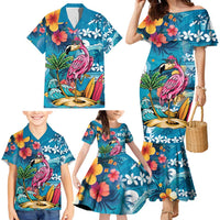 Hawaiian Flamingo Hibiscus Personalised Family Matching Mermaid Dress and Hawaiian Shirt Blue Summer Tropical Flowers - Polynesian Pride