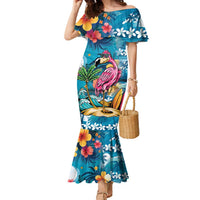 Hawaiian Flamingo Hibiscus Personalised Family Matching Mermaid Dress and Hawaiian Shirt Blue Summer Tropical Flowers - Polynesian Pride