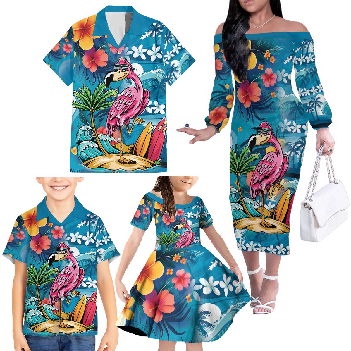 Hawaiian Flamingo Hibiscus Personalised Family Matching Off The Shoulder Long Sleeve Dress and Hawaiian Shirt Blue Summer Tropical Flowers - Polynesian Pride