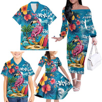 Hawaiian Flamingo Hibiscus Personalised Family Matching Off The Shoulder Long Sleeve Dress and Hawaiian Shirt Blue Summer Tropical Flowers - Polynesian Pride