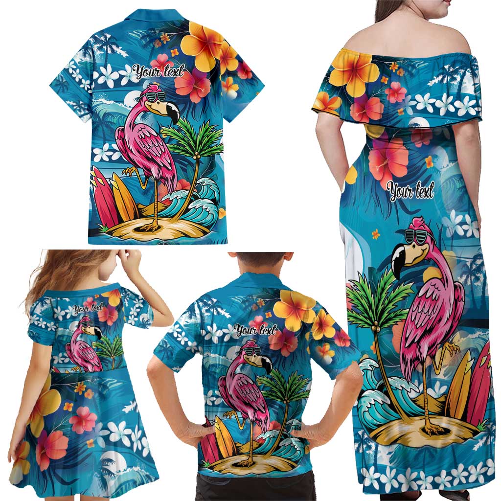 Hawaiian Flamingo Hibiscus Personalised Family Matching Off Shoulder Maxi Dress and Hawaiian Shirt Blue Summer Tropical Flowers - Polynesian Pride