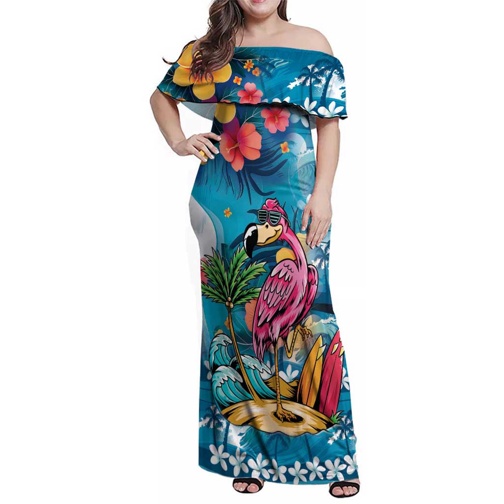 Hawaiian Flamingo Hibiscus Personalised Family Matching Off Shoulder Maxi Dress and Hawaiian Shirt Blue Summer Tropical Flowers - Polynesian Pride