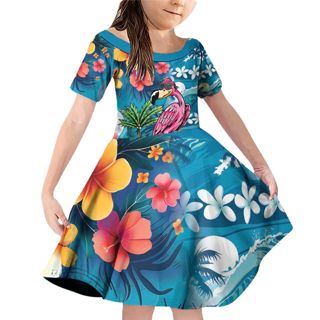Hawaiian Flamingo Hibiscus Personalised Family Matching Off Shoulder Short Dress and Hawaiian Shirt Blue Summer Tropical Flowers - Polynesian Pride