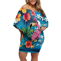 Hawaiian Flamingo Hibiscus Personalised Family Matching Off Shoulder Short Dress and Hawaiian Shirt Blue Summer Tropical Flowers - Polynesian Pride