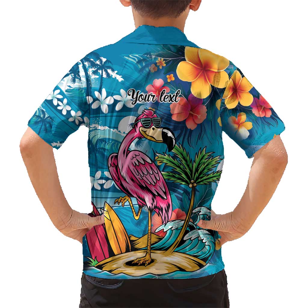 Hawaiian Flamingo Hibiscus Personalised Family Matching Short Sleeve Bodycon Dress and Hawaiian Shirt Blue Summer Tropical Flowers - Polynesian Pride