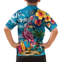 Hawaiian Flamingo Hibiscus Personalised Family Matching Short Sleeve Bodycon Dress and Hawaiian Shirt Blue Summer Tropical Flowers - Polynesian Pride