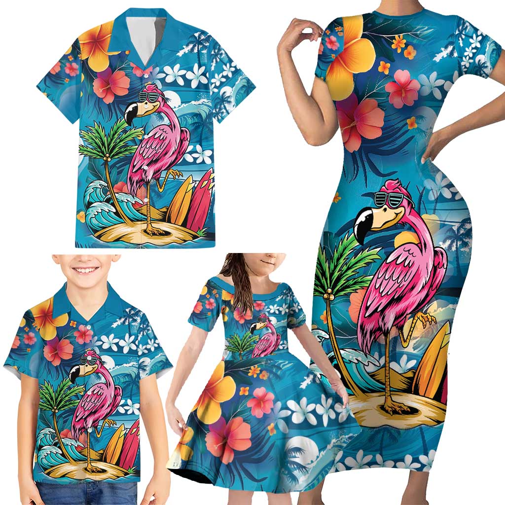 Hawaiian Flamingo Hibiscus Personalised Family Matching Short Sleeve Bodycon Dress and Hawaiian Shirt Blue Summer Tropical Flowers - Polynesian Pride