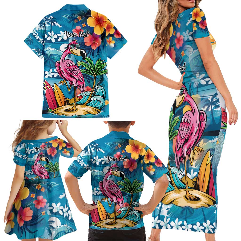 Hawaiian Flamingo Hibiscus Personalised Family Matching Short Sleeve Bodycon Dress and Hawaiian Shirt Blue Summer Tropical Flowers - Polynesian Pride