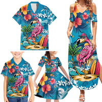 Hawaiian Flamingo Hibiscus Personalised Family Matching Summer Maxi Dress and Hawaiian Shirt Blue Summer Tropical Flowers - Polynesian Pride