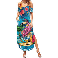 Hawaiian Flamingo Hibiscus Personalised Family Matching Summer Maxi Dress and Hawaiian Shirt Blue Summer Tropical Flowers - Polynesian Pride