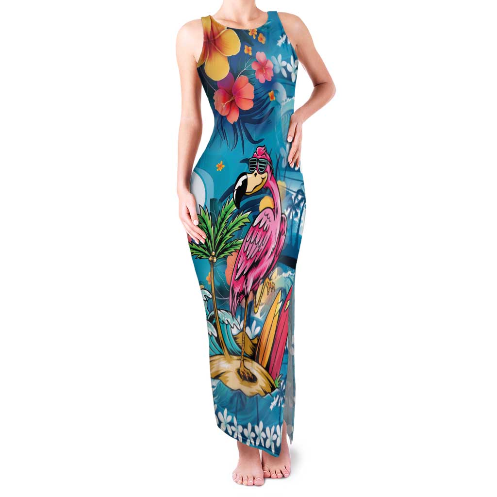 Hawaiian Flamingo Hibiscus Personalised Family Matching Tank Maxi Dress and Hawaiian Shirt Blue Summer Tropical Flowers - Polynesian Pride