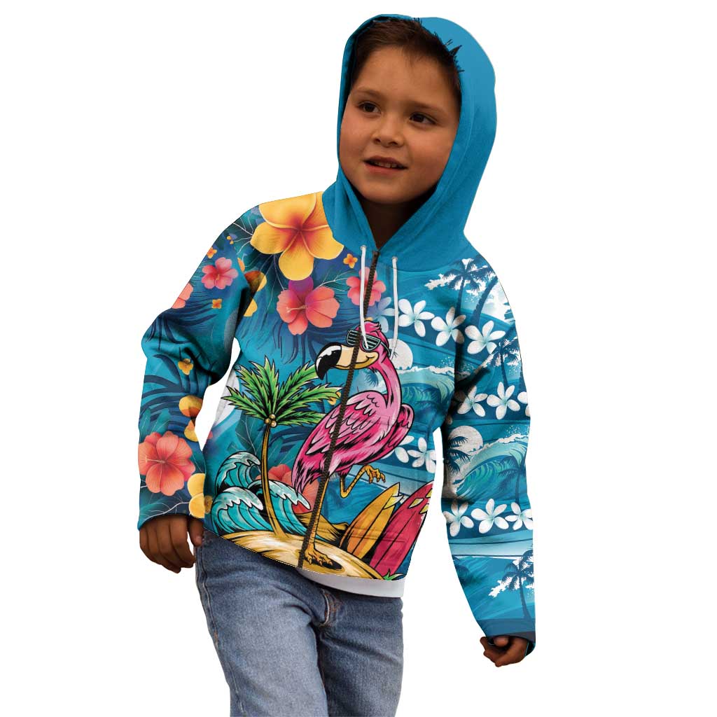 Hawaiian Flamingo Hibiscus Personalised Kid Hoodie Blue Summer Tropical Flowers - Polynesian Pride