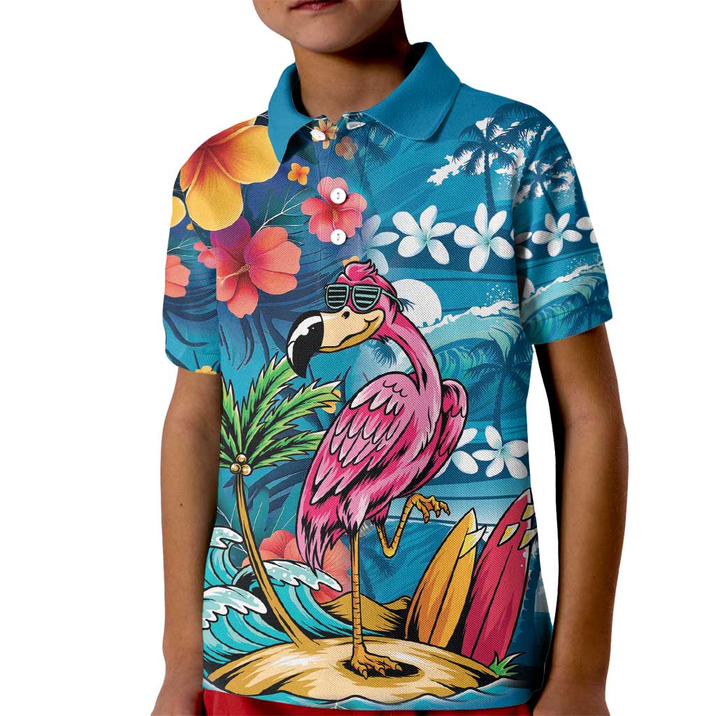 Hawaiian Flamingo Hibiscus Personalised Kid Polo Shirt Blue Summer Tropical Flowers - Polynesian Pride