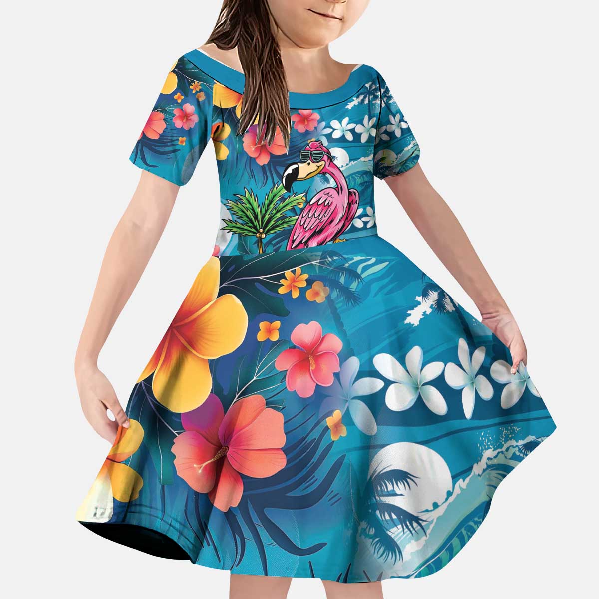 Hawaiian Flamingo Hibiscus Personalised Kid Short Sleeve Dress Blue Summer Tropical Flowers - Polynesian Pride
