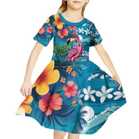 Hawaiian Flamingo Hibiscus Personalised Kid Short Sleeve Dress Blue Summer Tropical Flowers - Polynesian Pride