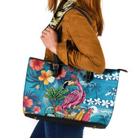 Hawaiian Flamingo Hibiscus Personalised Leather Tote Bag Blue Summer Tropical Flowers - Polynesian Pride