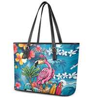 Hawaiian Flamingo Hibiscus Personalised Leather Tote Bag Blue Summer Tropical Flowers - Polynesian Pride