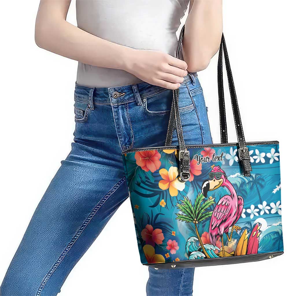 Hawaiian Flamingo Hibiscus Personalised Leather Tote Bag Blue Summer Tropical Flowers - Polynesian Pride