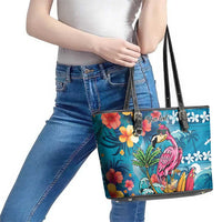 Hawaiian Flamingo Hibiscus Personalised Leather Tote Bag Blue Summer Tropical Flowers - Polynesian Pride