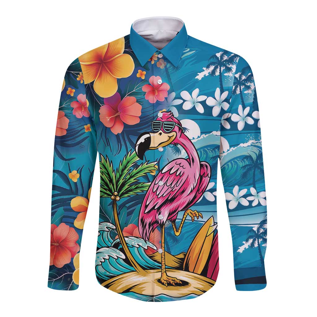 Hawaiian Flamingo Hibiscus Personalised Long Sleeve Button Shirt Blue Summer Tropical Flowers - Polynesian Pride