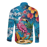 Hawaiian Flamingo Hibiscus Personalised Long Sleeve Button Shirt Blue Summer Tropical Flowers - Polynesian Pride
